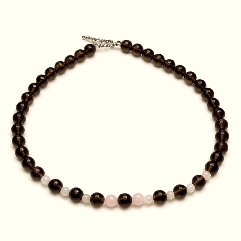 Smoky Quartz & Rose Quartz Beaded Necklace 935 Silver Clasp Minimalist 17” 61 gm